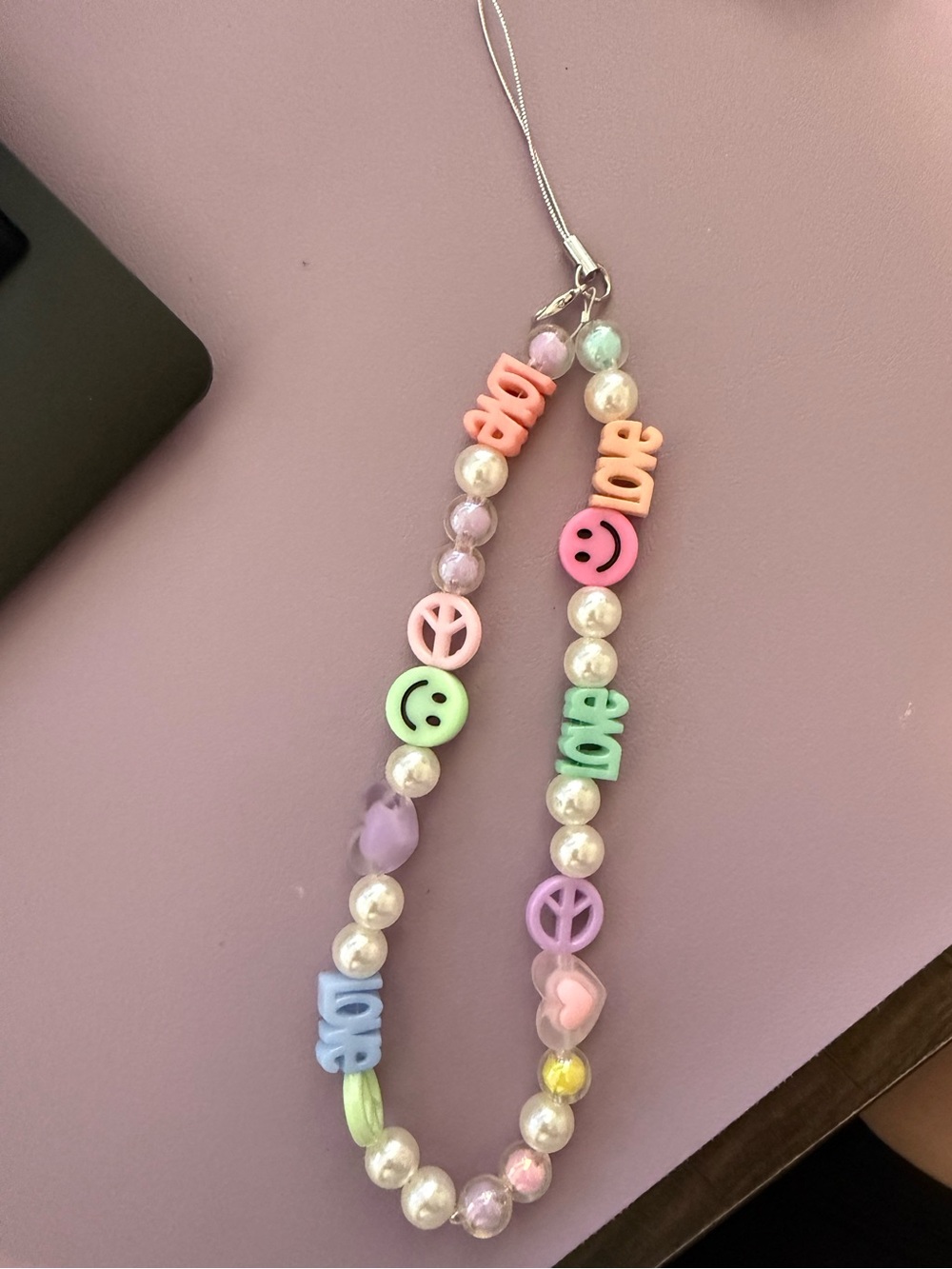 Pastel Smile & Love Beaded Phone Charm - Pink, Purple, Green
